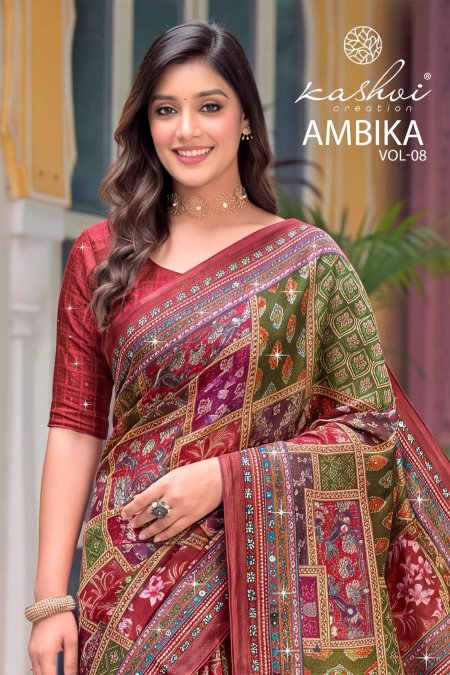 Ambika Vol 8 By Kashvi Chocolate Printed Glass Work Saree 